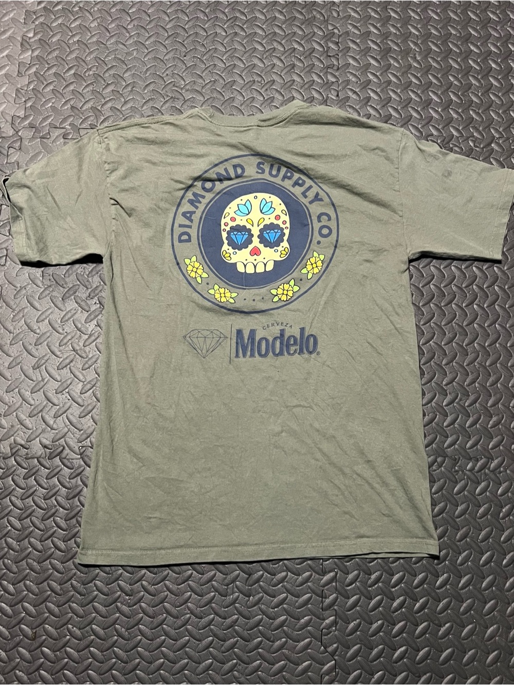 Diamond Supply Co. Olive Graphic Skull Tee with Yellow & Blue Accents